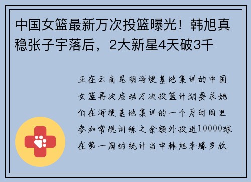中国女篮最新万次投篮曝光!韩旭真稳张子宇落后,2大新星4天破3千 中国女篮最新万次投篮曝光!韩旭真稳张子宇落后,2大新星4天破3千